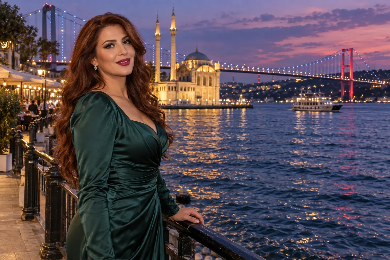 Ortaköy ve ışıklı Boğaz manzarasında zümrüt yeşili elbiseli yetişkin bir kadın; yapay zekâyla oluşturulmuş kurgu karakter.